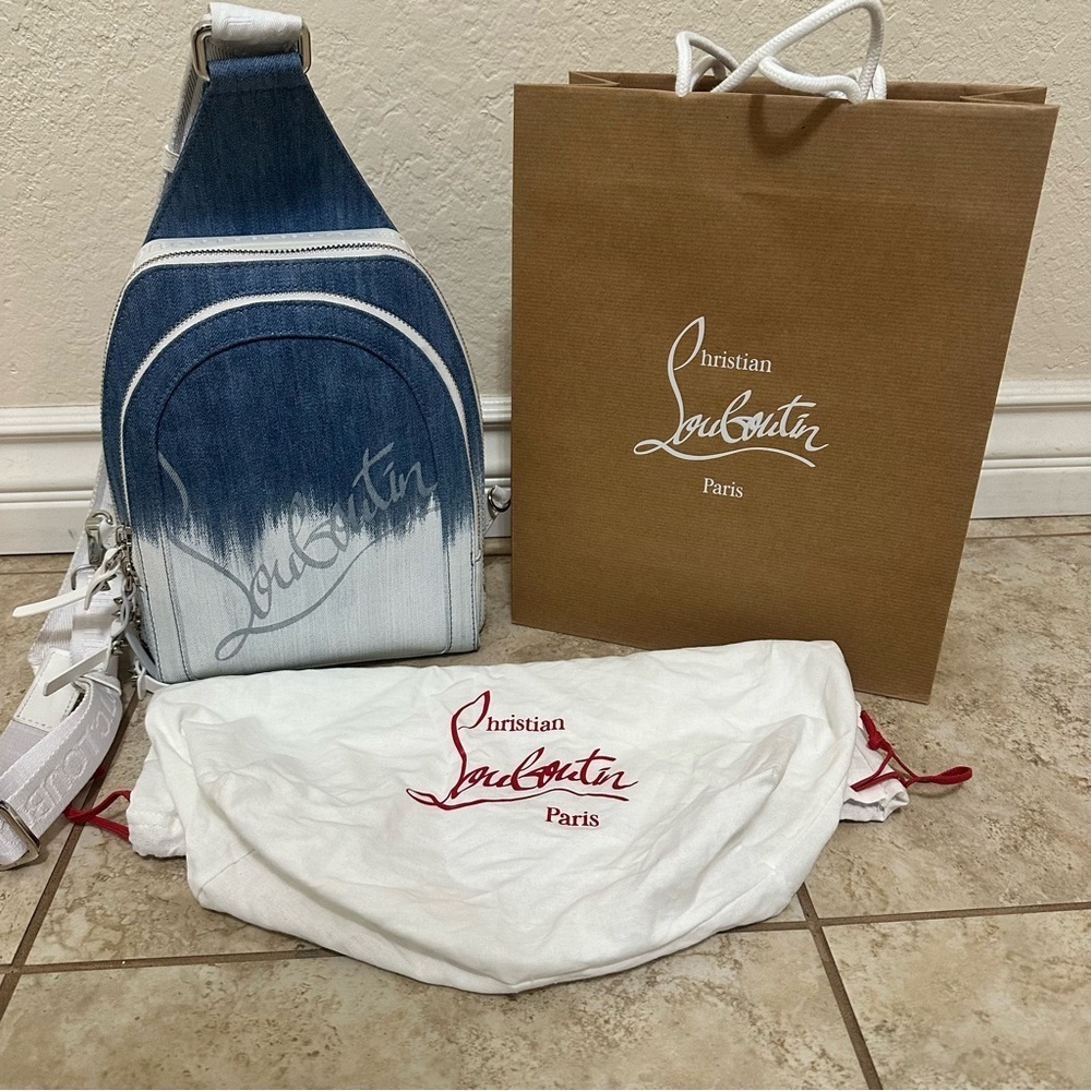 authentic Christian Louboutin Loubifunk Dégradé Denim & Jacquard Backpack - Picture 4 of 11